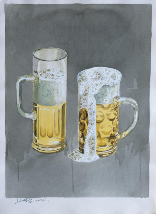 《两杯啤酒NO.1》 62×45cm 纸上丙稀 2016年